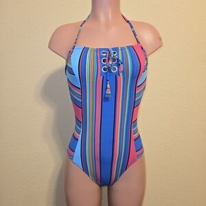 Gottex Blue and Pink Striped One-Piece Swimsuit